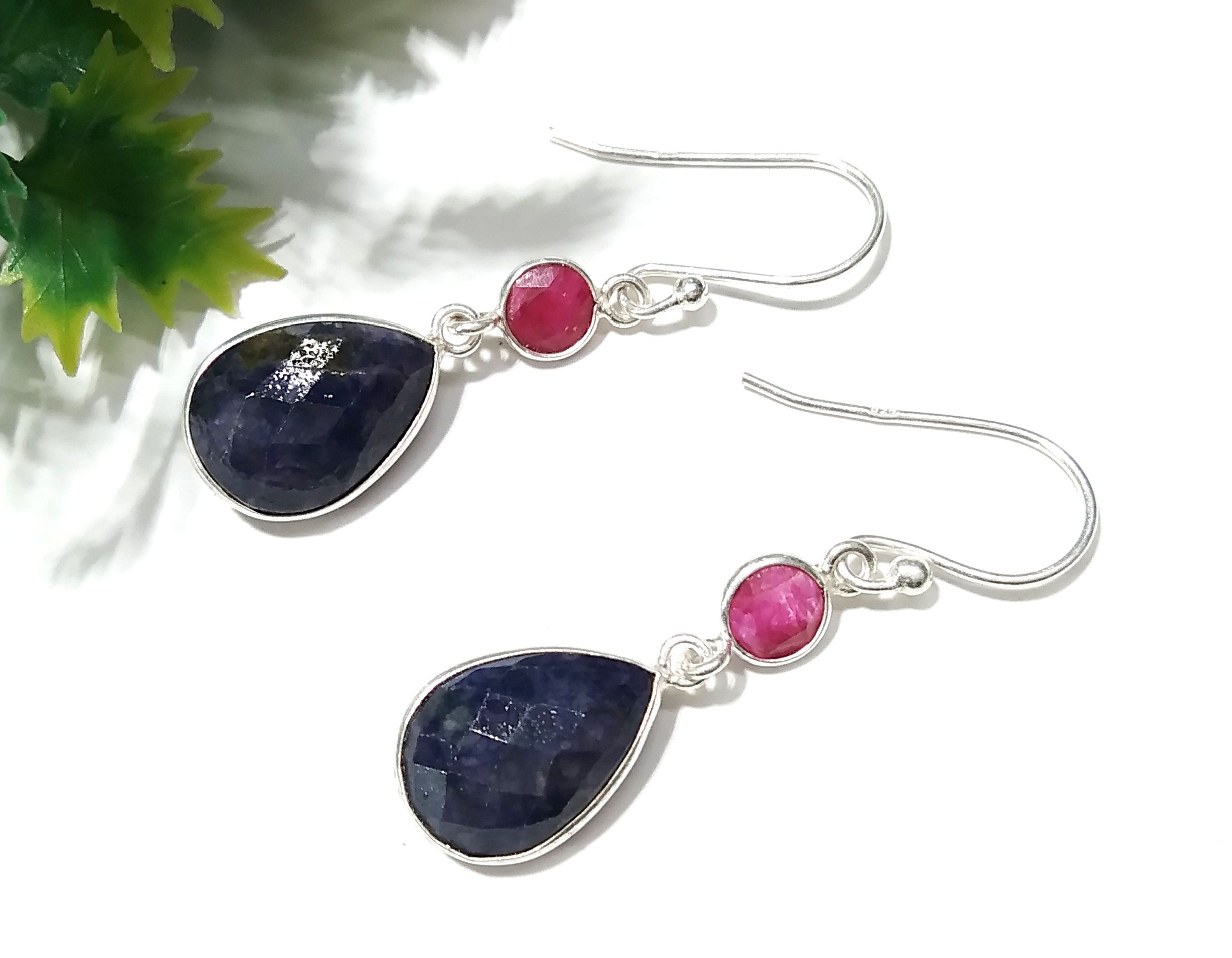 Beautiful Earring, Blue Sapphire & Red Ruby Earring, Natural Gemstone Faceted Earring, 925 Starling Silver Earring, Handmade Bezel Earring's